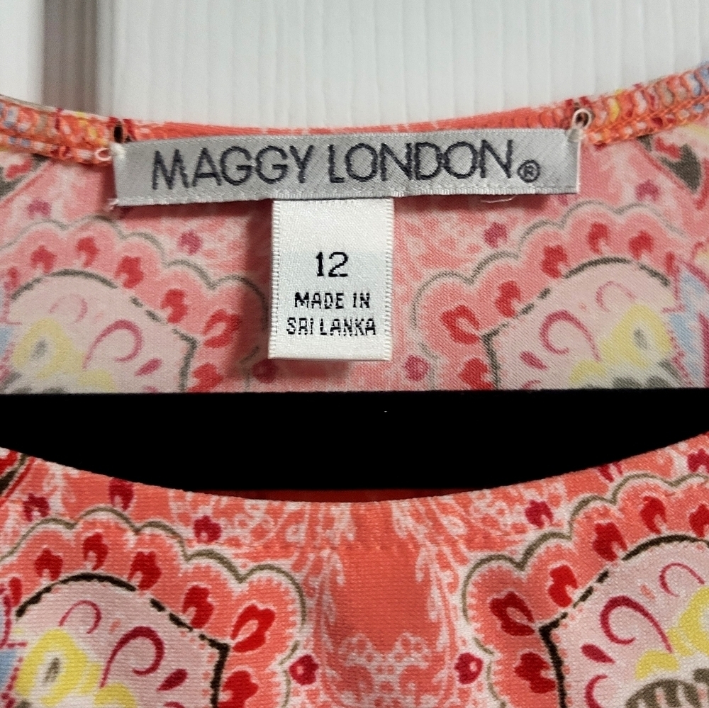 Maggy London Womens Elegant Paisley Coral Dress 3/4 Sleeves - Size 12 - Picture 4 of 4